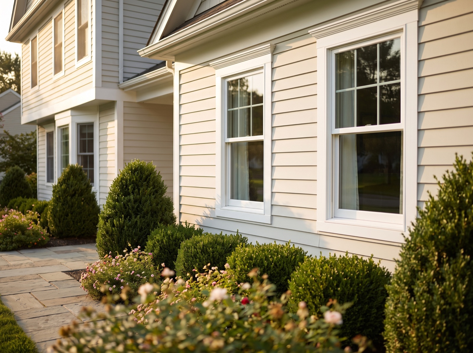 New white double-hung replacement windows on a suburban home